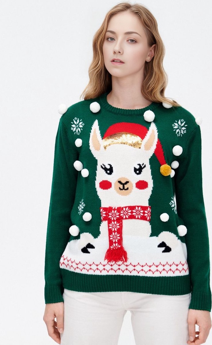 Foute Kersttrui Dames / Ugly Christmas Sweater Women | Llama | Groen | Maat XL